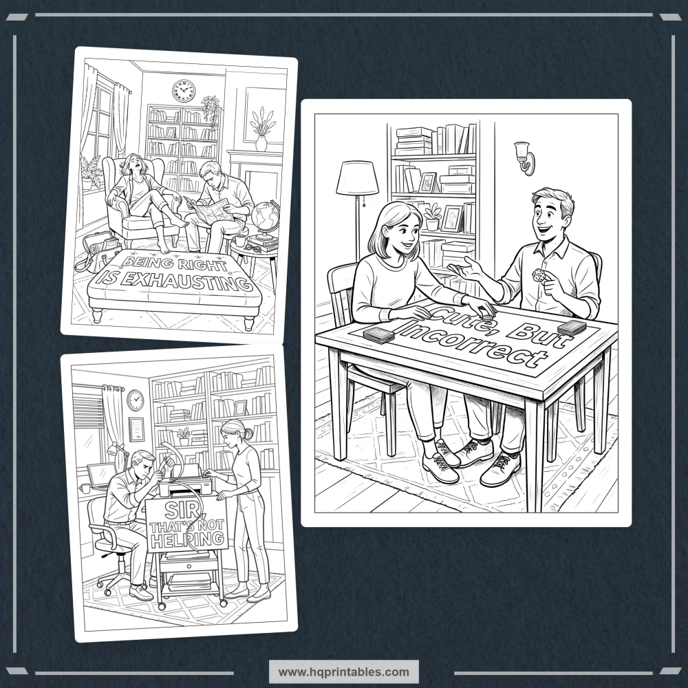 Printable sarcastic wife coloring book preview featuring wife-centered marriage humor and playful couple banter.
