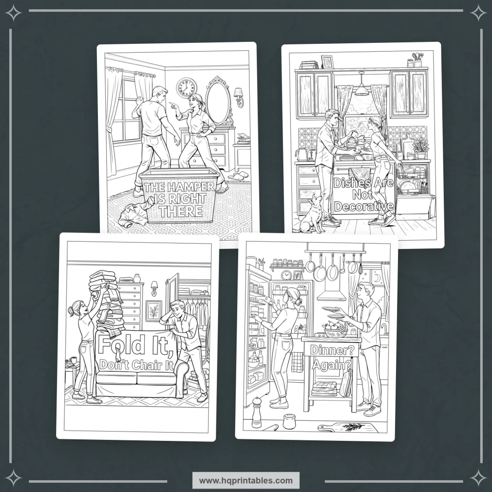 Printable sarcastic wife coloring book preview featuring wife-centered marriage humor and playful couple banter.