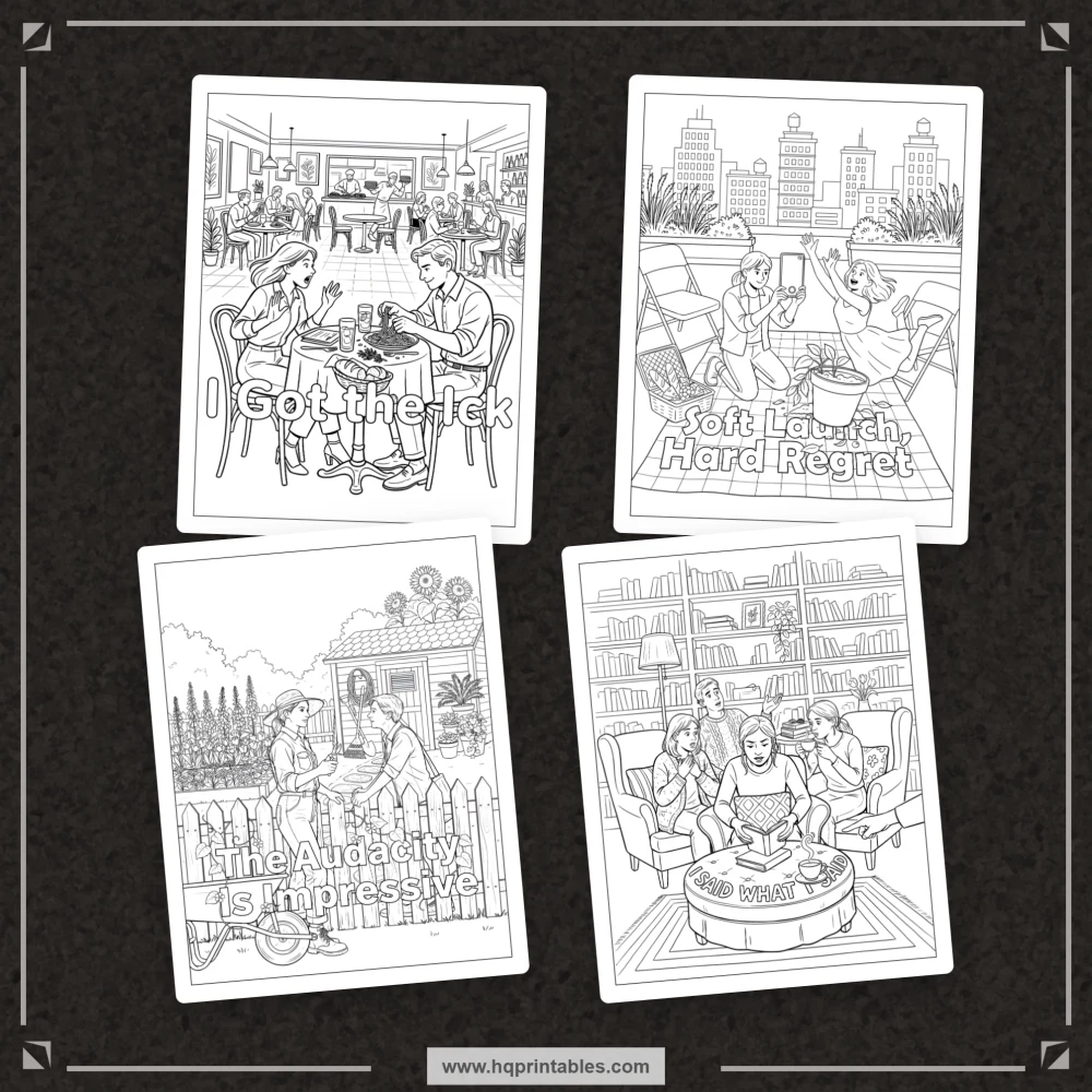 Printable snarky coloring book preview featuring visual sarcasm and relatable humor about everyday adult annoyances.