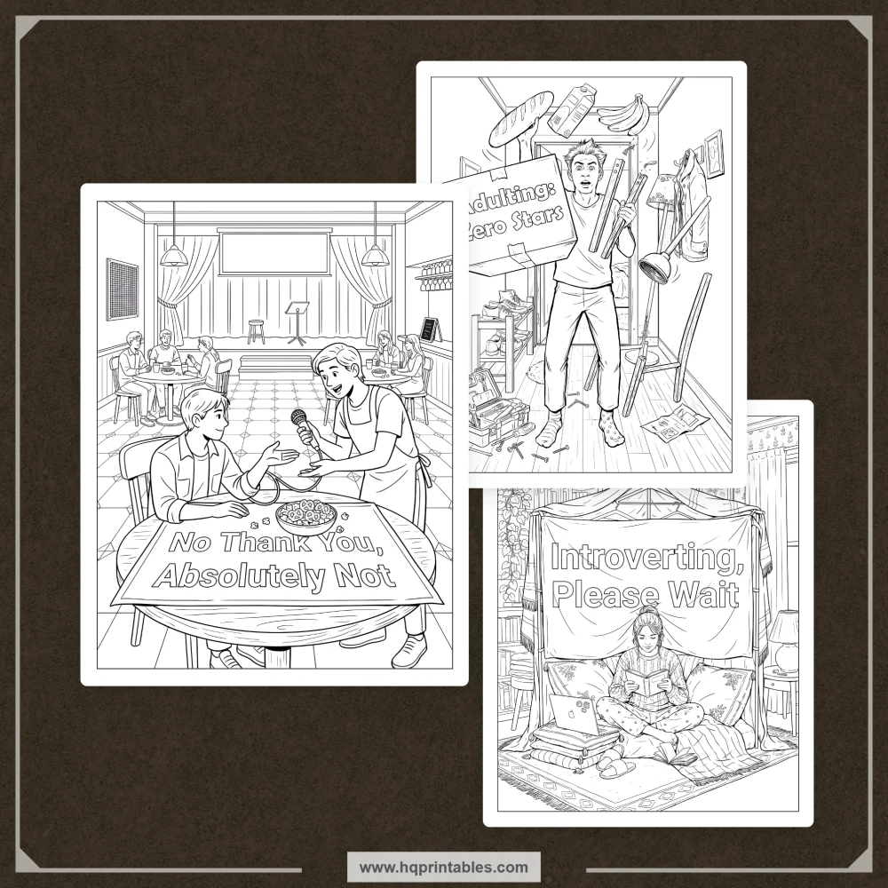 Printable snarky coloring book preview featuring visual sarcasm and relatable humor about everyday adult annoyances.