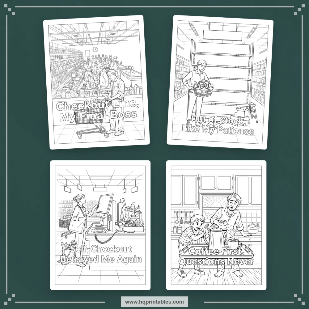 Printable snarky coloring book preview featuring visual sarcasm and relatable humor about everyday adult annoyances.