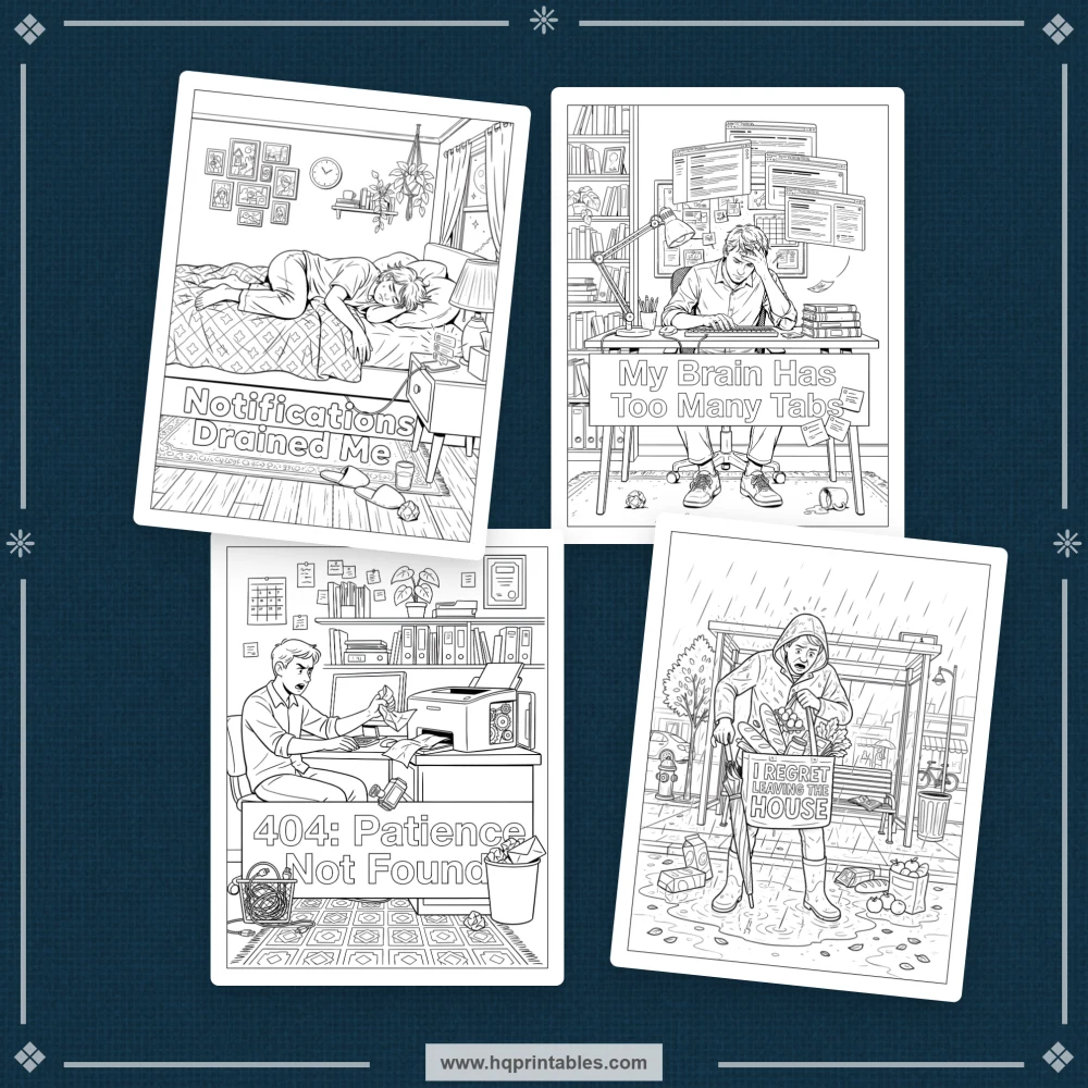 Printable snarky coloring book preview featuring visual sarcasm and relatable humor about everyday adult annoyances.