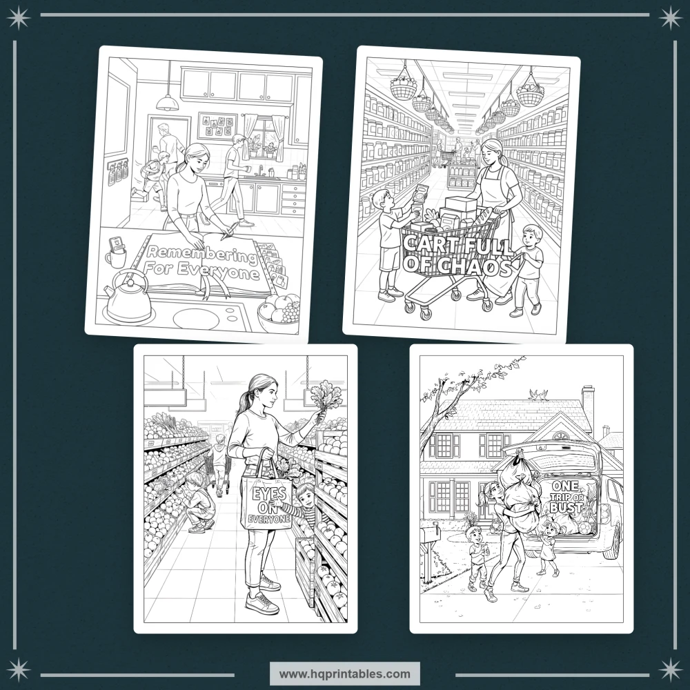 Printable unhinged mom coloring book preview featuring honest motherhood humor and relatable everyday mom chaos.