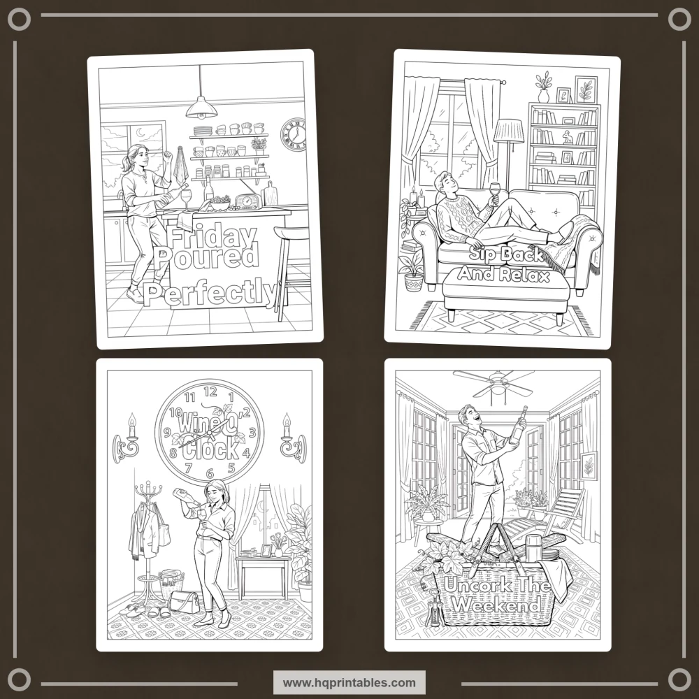 Printable wine pun coloring book preview featuring adult drinking humor and playful wine-themed social occasions.