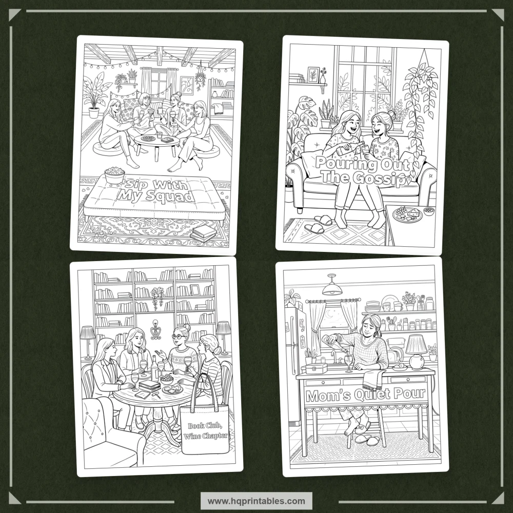 Printable wine pun coloring book preview featuring adult drinking humor and playful wine-themed social occasions.