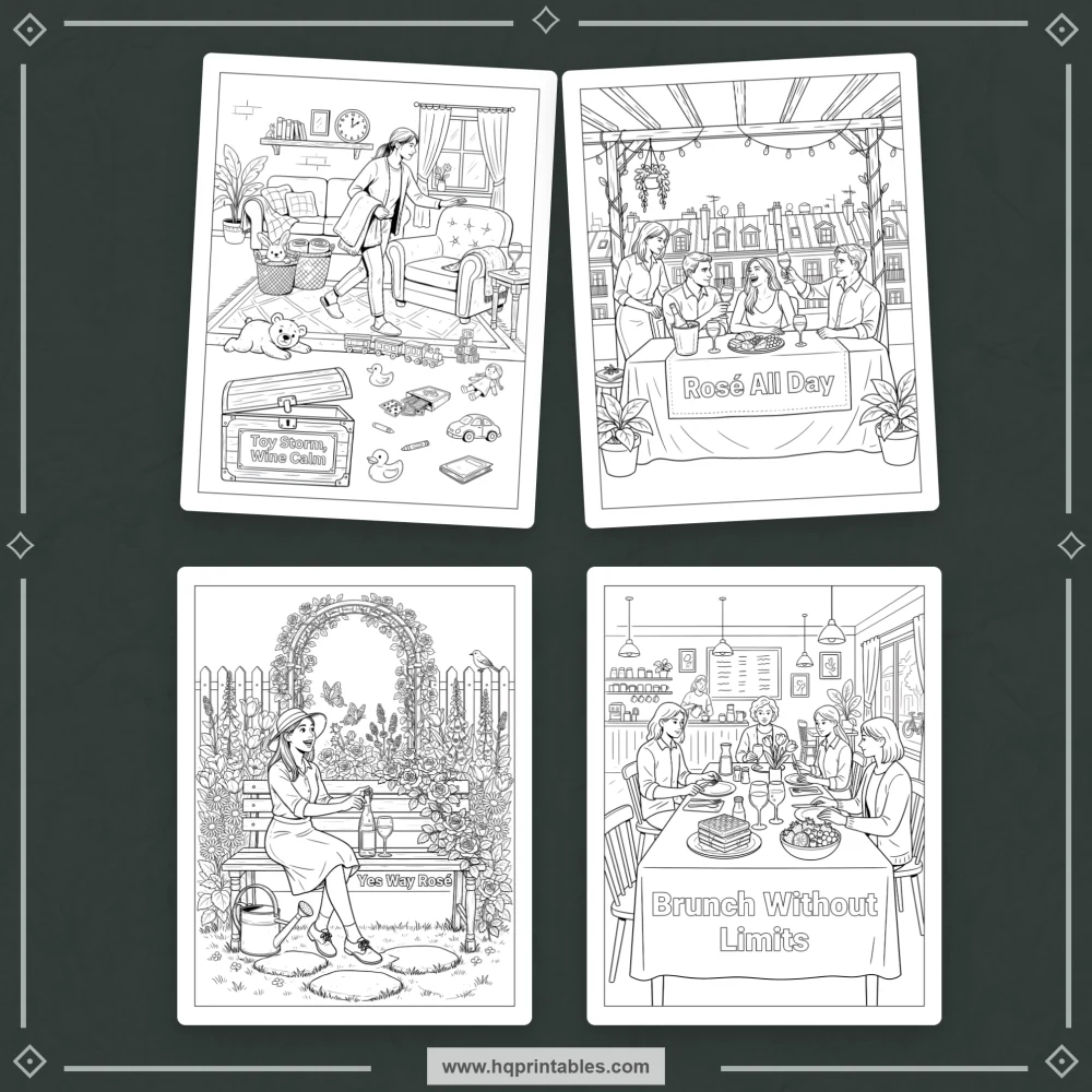 Printable wine pun coloring book preview featuring adult drinking humor and playful wine-themed social occasions.