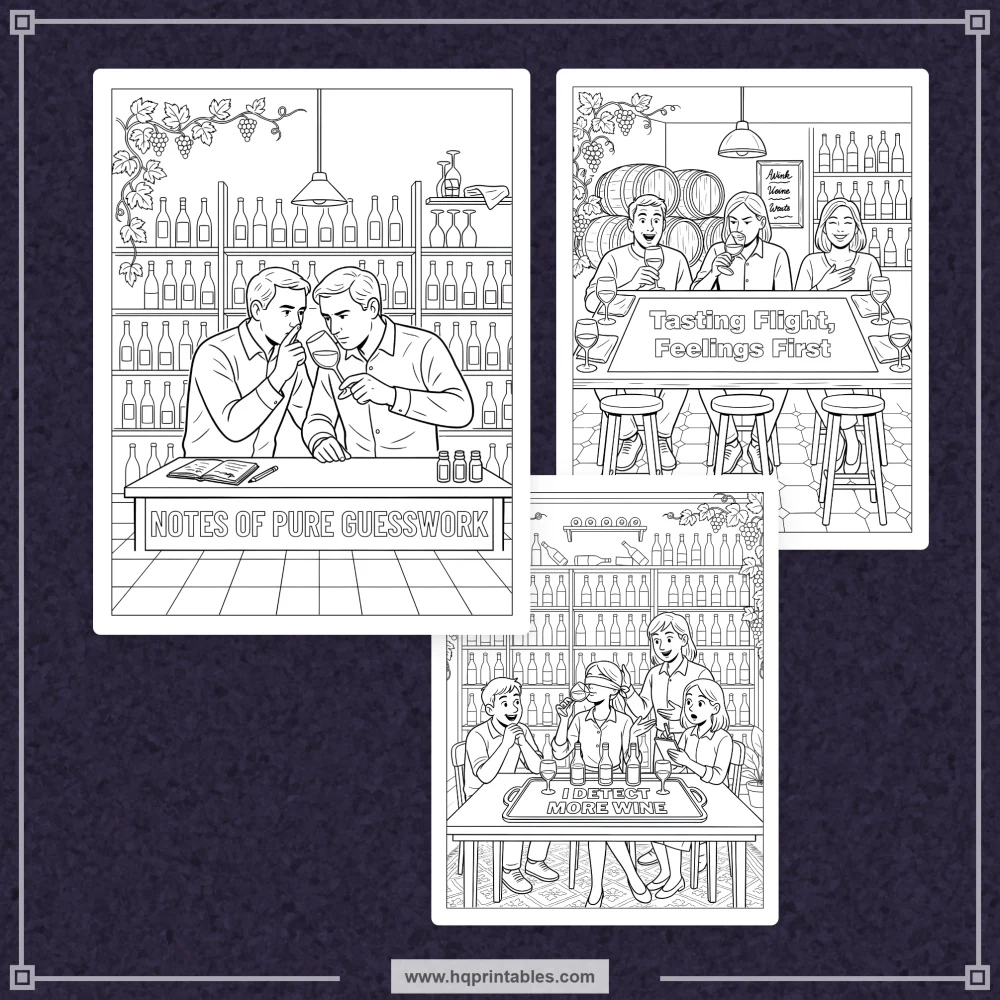 Printable wine pun coloring book preview featuring adult drinking humor and playful wine-themed social occasions.